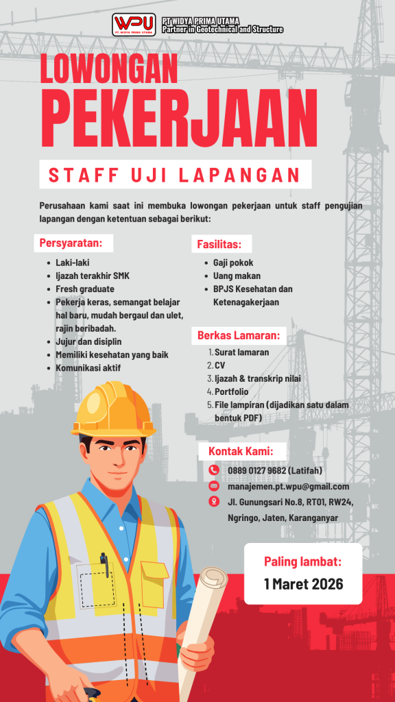 lowongan pekerjaan staff uji lapangan oleh PT. Widya Prima Utama